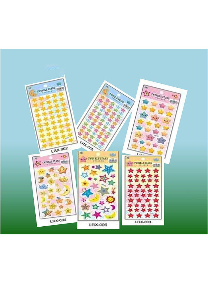 Fancy Twinkle Star Stickers Set - 6 Unique Colorful Designs for Kids and Crafts