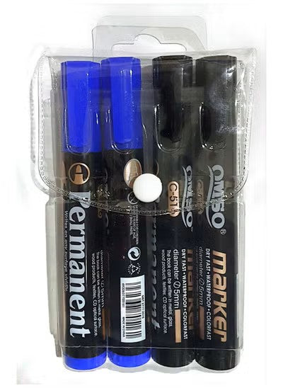 OMSONS Permanent Marker Pen Set - Black & Blue Ink (4 Pack) | Waterproof, Quick-Dry, Multi-Surface Use