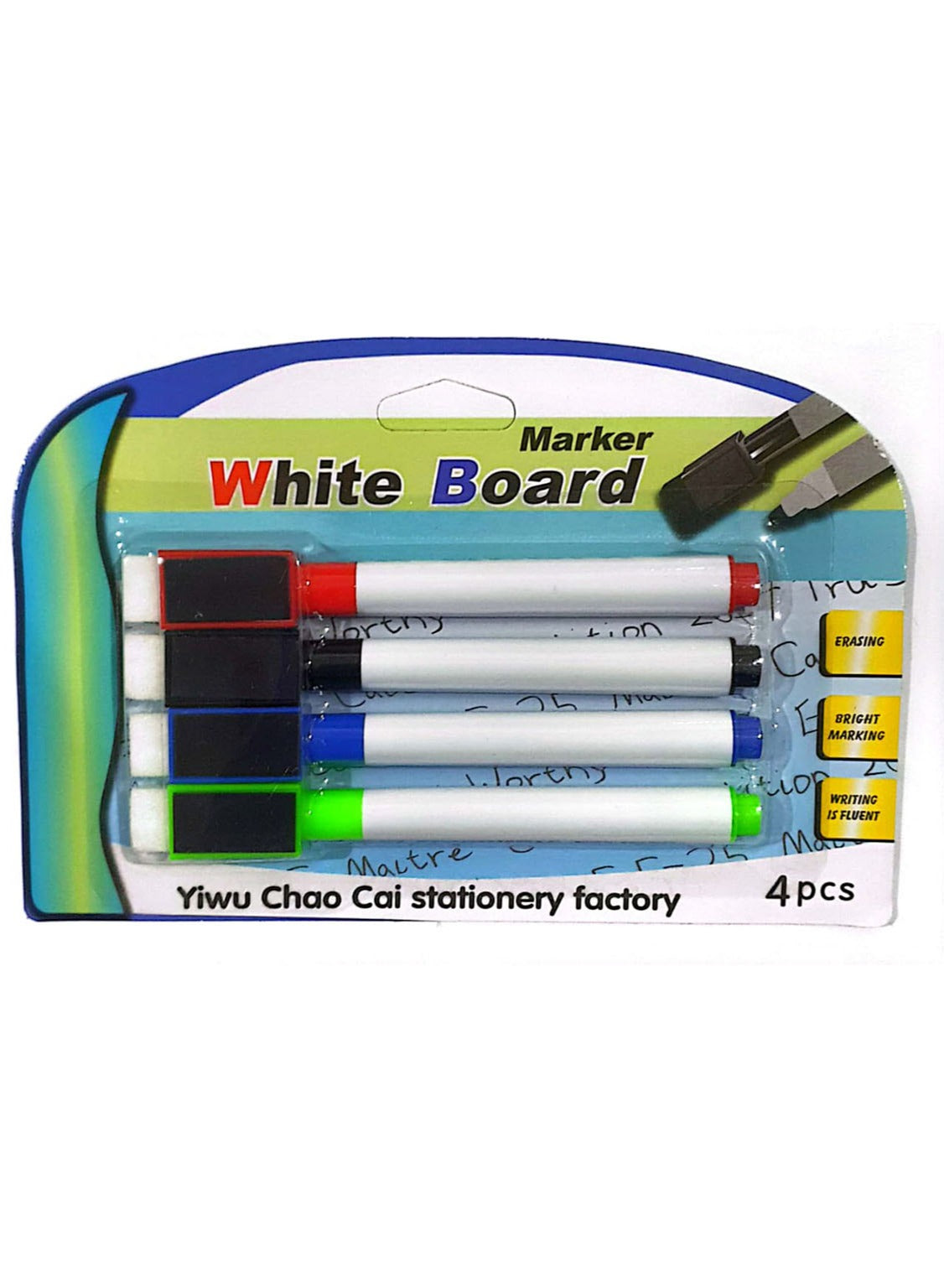Whiteboard Marker Set with Built-In Erasers - 4 Colors (Black, Blue, Red, Green)