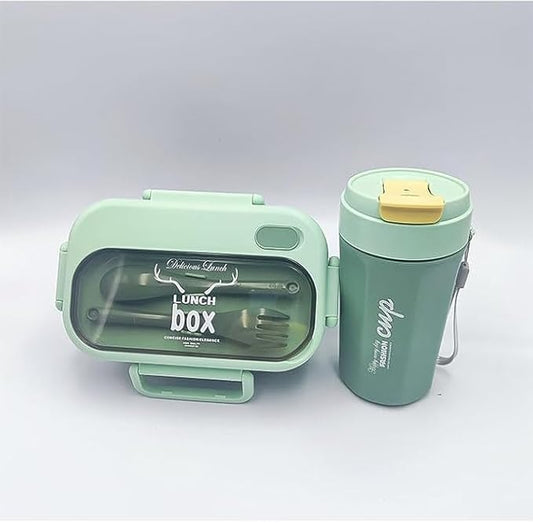 Lunch BOX with Spoon and Fork - Lunch Box Container for Kids and Adults Food Safe Materials and Leak Proof (GREEN)