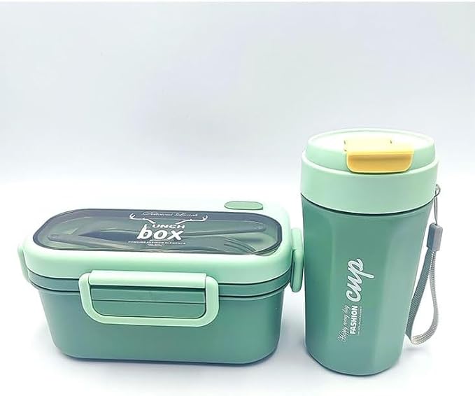 Lunch BOX with Spoon and Fork - Lunch Box Container for Kids and Adults Food Safe Materials and Leak Proof (GREEN)