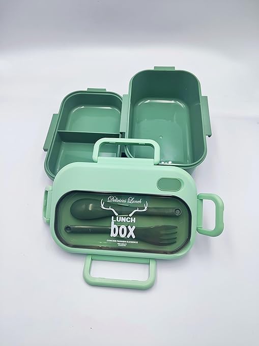 Lunch BOX with Spoon and Fork - Lunch Box Container for Kids and Adults Food Safe Materials and Leak Proof (GREEN)