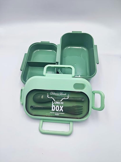 Lunch BOX with Spoon and Fork - Lunch Box Container for Kids and Adults Food Safe Materials and Leak Proof (GREEN)