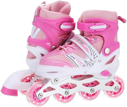 زلاجات مضمنة مريحة وقابلة للتعديل للأطفال - عجلات مضيئة LED - تصميم قابل للتهوية - زلاجات دوارة آمنة ومتينة