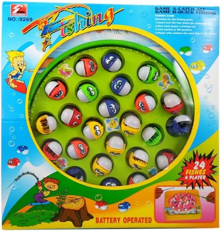 Aroma Pei Song Fishing Game for Kids – 24 Fish, 4 Players, Battery Operated Rotating Board Toy