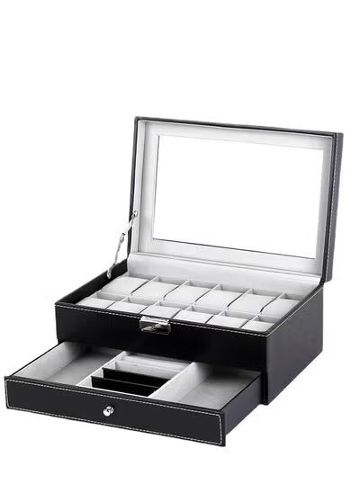 صندوق أنيق من الجلد الأسود لتنظيم الساعات والمجوهرات - 12 فتحة مع درج