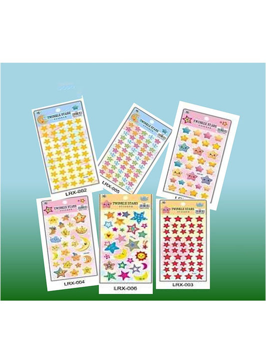 Fancy Twinkle Star Stickers Set - 6 Unique Colorful Designs for Kids and Crafts