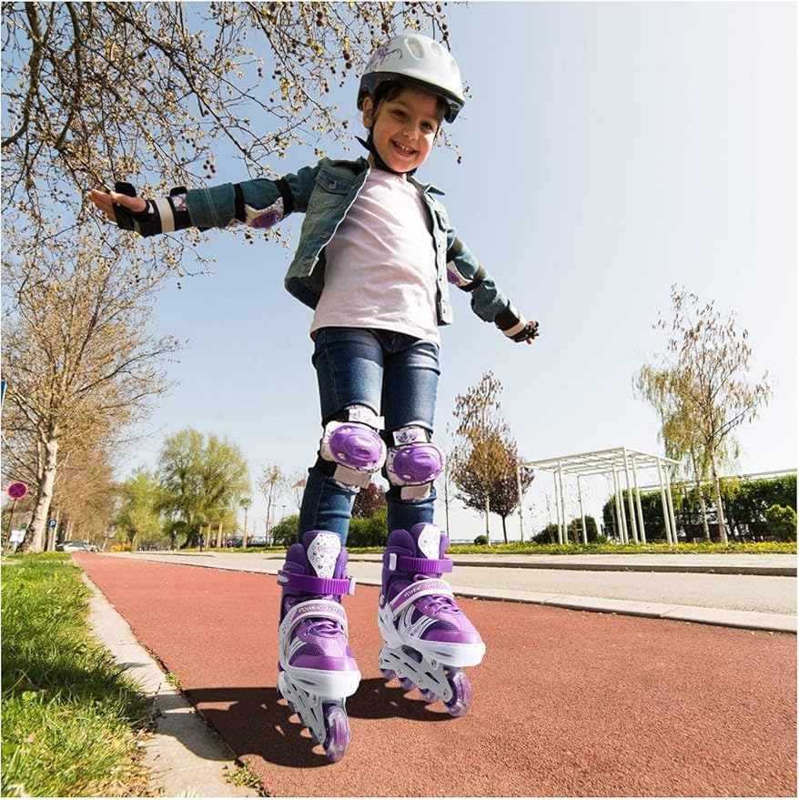 زلاجات مضمنة مريحة وقابلة للتعديل للأطفال - عجلات مضيئة LED - تصميم قابل للتهوية - زلاجات دوارة آمنة ومتينة