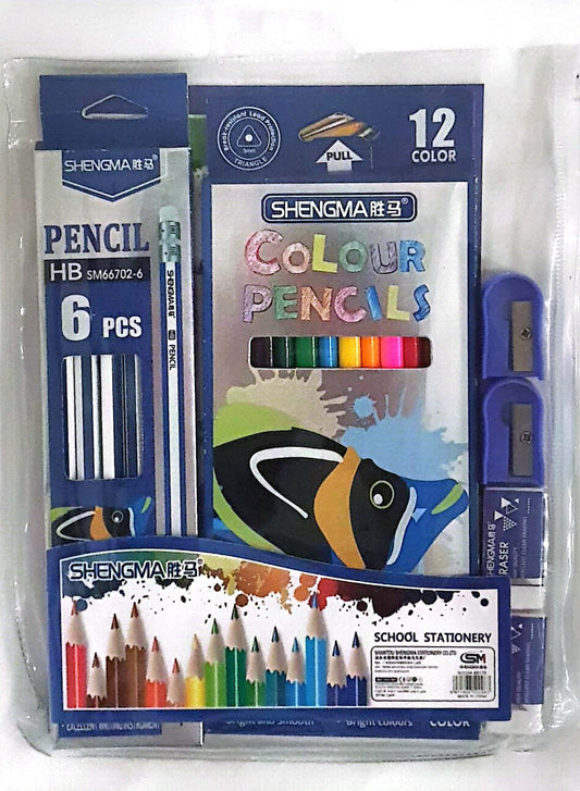 Complete School Stationery Set 12 Colored Pencils 6 HB Pencils Erasers and Sharpeners
