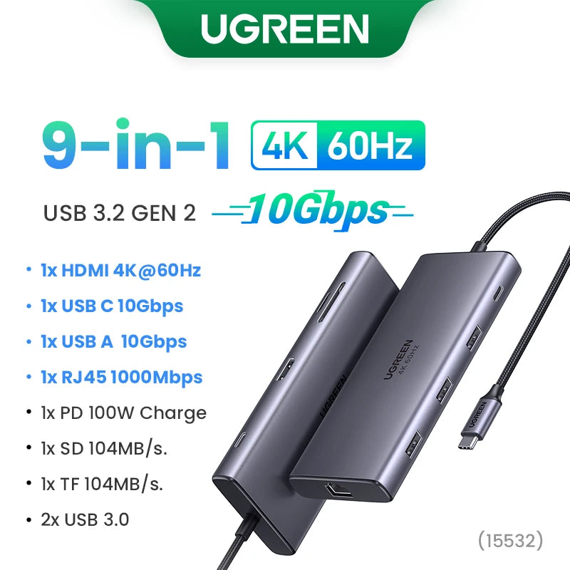 موزع UGREEN ثنائي HDMI USB-C، محول HDMI بدقة 8K و4K، موزع 10 في 1 مع منفذ RJ45 USB 3.0 PD بقدرة 100 واط لأجهزة MacBook Pro وAir المحمولة
