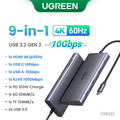 موزع UGREEN ثنائي HDMI USB-C، محول HDMI بدقة 8K و4K، موزع 10 في 1 مع منفذ RJ45 USB 3.0 PD بقدرة 100 واط لأجهزة MacBook Pro وAir المحمولة