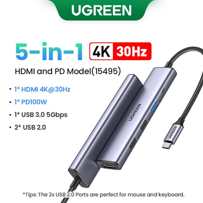 موزع UGREEN ثنائي HDMI USB-C، محول HDMI بدقة 8K و4K، موزع 10 في 1 مع منفذ RJ45 USB 3.0 PD بقدرة 100 واط لأجهزة MacBook Pro وAir المحمولة