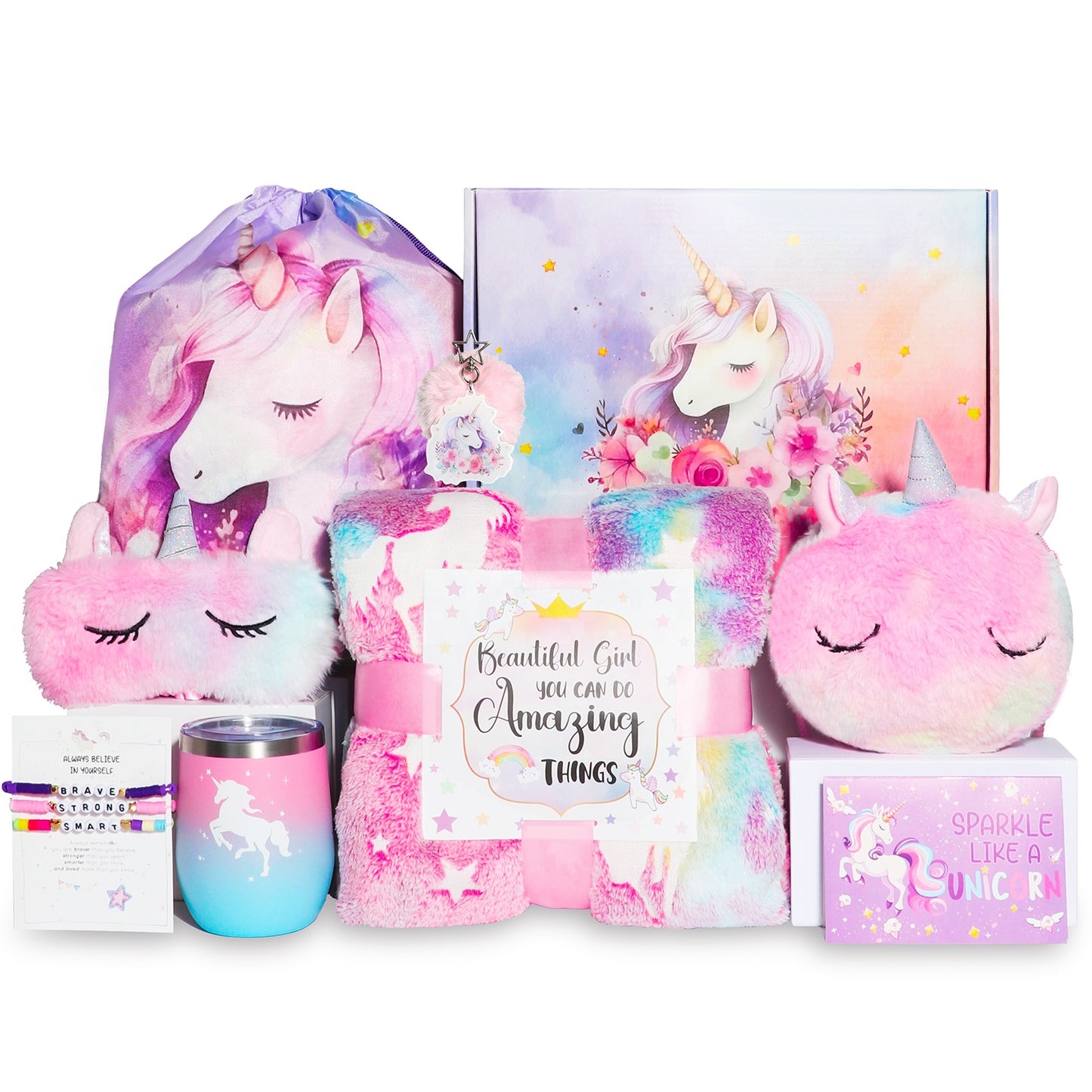 Unicorn Gift Set for Girls – Birthday Box with Soft Blanket, Stainless Steel Tumbler, Plush Crossbody Bag, Notebook & Accessories – Perfect for Ages 6+