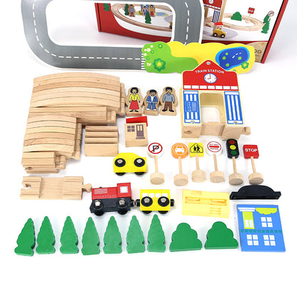 Wooden Train Set for Kids – 50-Piece Railway Track Toy with Magnetic Trains, Station & Accessories – Educational Assembly Toy for Ages 3+