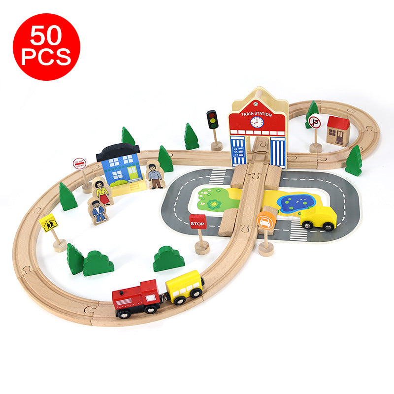 Wooden Train Set for Kids – 50-Piece Railway Track Toy with Magnetic Trains, Station & Accessories – Educational Assembly Toy for Ages 3+