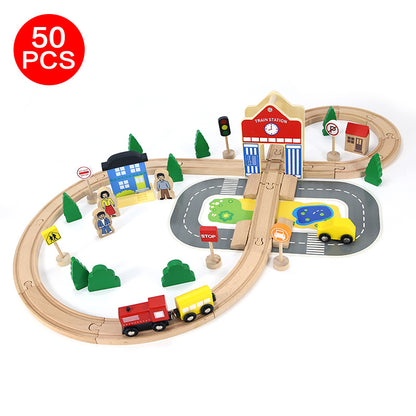 Wooden Train Set for Kids – 50-Piece Railway Track Toy with Magnetic Trains, Station & Accessories – Educational Assembly Toy for Ages 3+