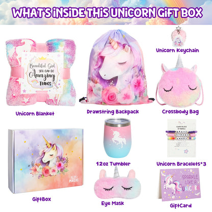 Unicorn Gift Set for Girls – Birthday Box with Soft Blanket, Stainless Steel Tumbler, Plush Crossbody Bag, Notebook & Accessories – Perfect for Ages 6+