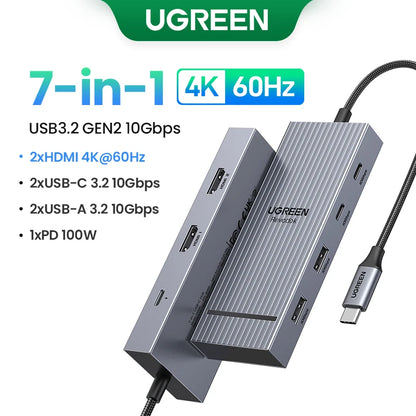 موزع UGREEN ثنائي HDMI USB-C، محول HDMI بدقة 8K و4K، موزع 10 في 1 مع منفذ RJ45 USB 3.0 PD بقدرة 100 واط لأجهزة MacBook Pro وAir المحمولة