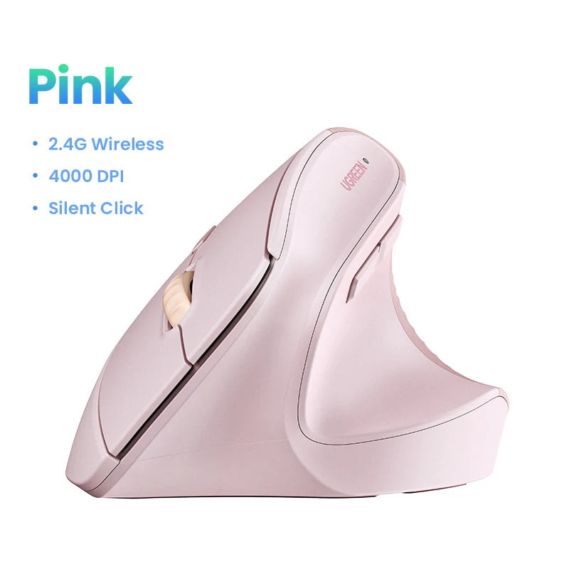 UGREEN Wireless Mouse Vertical 2.4G Ergonomic 4000DPI 6 Mute Buttons for MacBook Tablet Laptops Computer PC Mice Black Pink