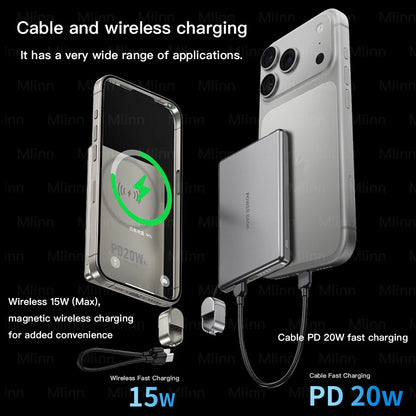 شاحن محمول فائق النحافة بسعة 10000 مللي أمبير، متوافق مع تقنية MagSafe، شاحن لاسلكي مغناطيسي سريع، بطارية محمولة رفيعة لأجهزة iPhone 17 و16 و15 و12