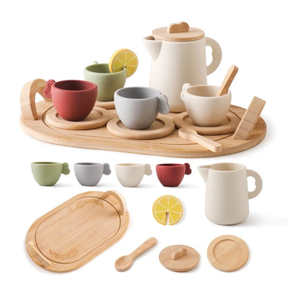Wooden Montessori Toys Toddler Pretend Play Tea Party Set Silicone Teapot Cups Wood Tray Scoop Toys for Kids Birthday Gift