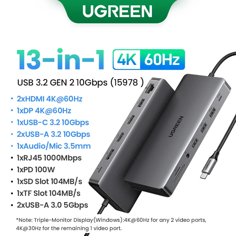 موزع UGREEN ثنائي HDMI USB-C، محول HDMI بدقة 8K و4K، موزع 10 في 1 مع منفذ RJ45 USB 3.0 PD بقدرة 100 واط لأجهزة MacBook Pro وAir المحمولة