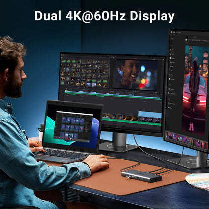 موزع UGREEN ثنائي HDMI USB-C، محول HDMI بدقة 8K و4K، موزع 10 في 1 مع منفذ RJ45 USB 3.0 PD بقدرة 100 واط لأجهزة MacBook Pro وAir المحمولة
