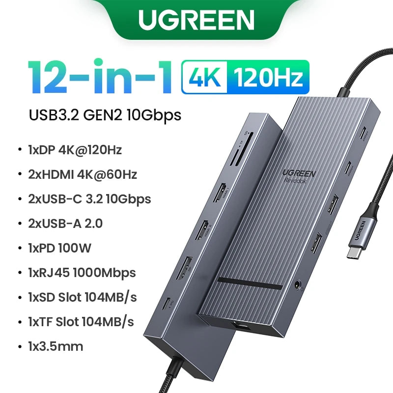 موزع UGREEN ثنائي HDMI USB-C، محول HDMI بدقة 8K و4K، موزع 10 في 1 مع منفذ RJ45 USB 3.0 PD بقدرة 100 واط لأجهزة MacBook Pro وAir المحمولة