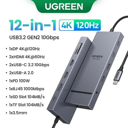 موزع UGREEN ثنائي HDMI USB-C، محول HDMI بدقة 8K و4K، موزع 10 في 1 مع منفذ RJ45 USB 3.0 PD بقدرة 100 واط لأجهزة MacBook Pro وAir المحمولة