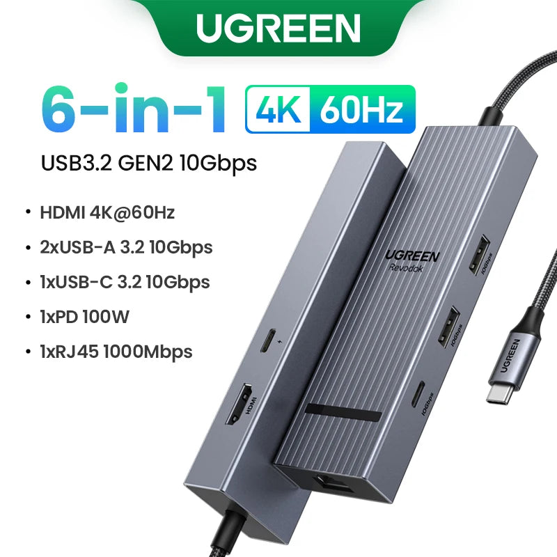 موزع UGREEN ثنائي HDMI USB-C، محول HDMI بدقة 8K و4K، موزع 10 في 1 مع منفذ RJ45 USB 3.0 PD بقدرة 100 واط لأجهزة MacBook Pro وAir المحمولة