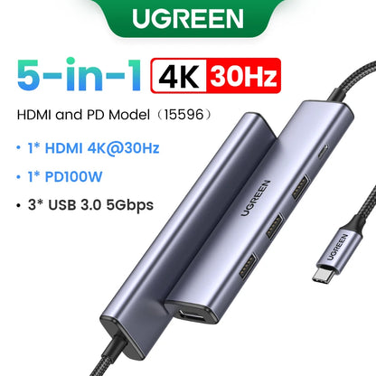 موزع UGREEN ثنائي HDMI USB-C، محول HDMI بدقة 8K و4K، موزع 10 في 1 مع منفذ RJ45 USB 3.0 PD بقدرة 100 واط لأجهزة MacBook Pro وAir المحمولة
