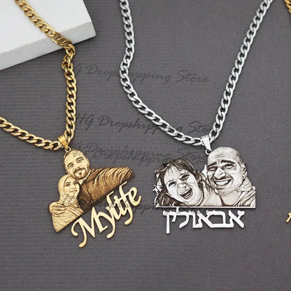 Custom Picture Nameplate Pendant Custom Photo Necklace Engraved Portrait Necklace Christmas Gift for Kids Jewelry Family Gifts