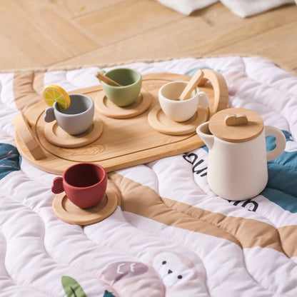 Wooden Montessori Toys Toddler Pretend Play Tea Party Set Silicone Teapot Cups Wood Tray Scoop Toys for Kids Birthday Gift