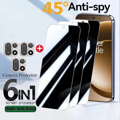 واقي شاشة زجاجي 6 في 1 لهاتف ون بلس 15، واقي شاشة زجاجي مقوى لحماية الخصوصية، مقاوم للتجسس بدرجة صلابة 9H، واقي عدسة زجاجي لهاتف ون بلس 15