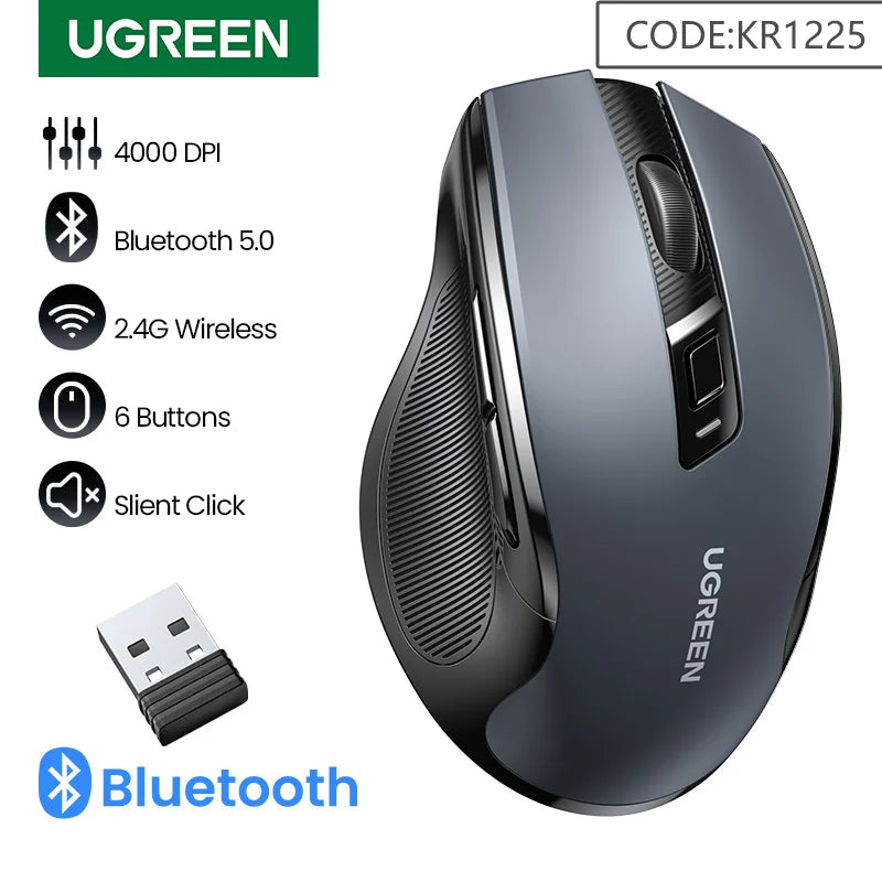 UGREEN Wireless Mouse Bluetooth5.0 Mouse Ergonomic 4000DPI 6 Mute Buttons Mouse For MacBook Tablet Laptops Computer PC 2.4G Mice