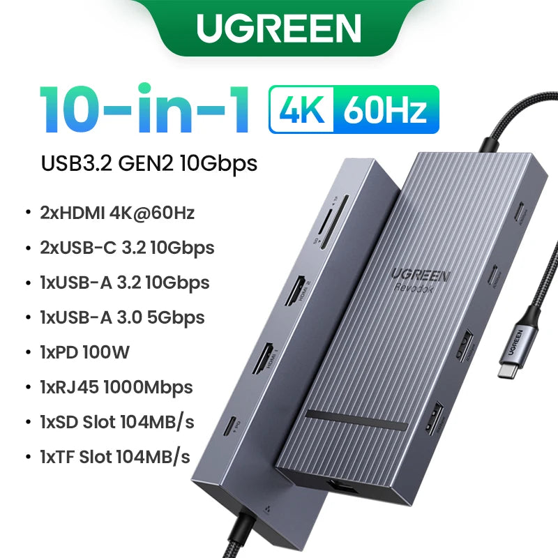 موزع UGREEN ثنائي HDMI USB-C، محول HDMI بدقة 8K و4K، موزع 10 في 1 مع منفذ RJ45 USB 3.0 PD بقدرة 100 واط لأجهزة MacBook Pro وAir المحمولة