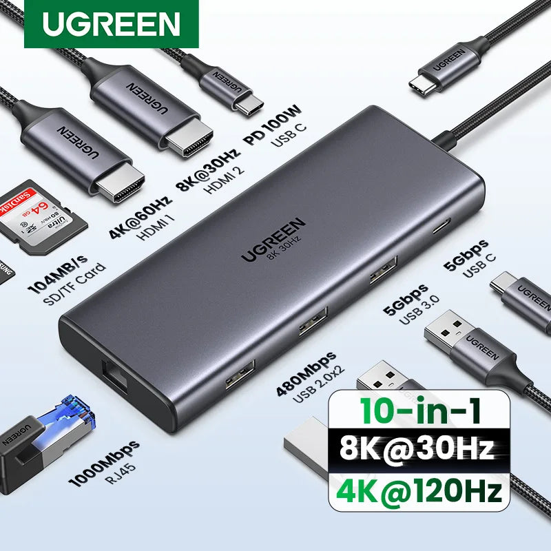 موزع UGREEN ثنائي HDMI USB-C، محول HDMI بدقة 8K و4K، موزع 10 في 1 مع منفذ RJ45 USB 3.0 PD بقدرة 100 واط لأجهزة MacBook Pro وAir المحمولة
