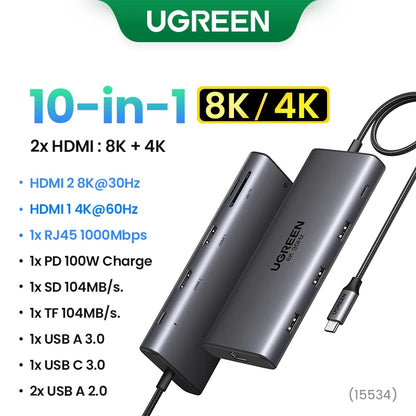 موزع UGREEN ثنائي HDMI USB-C، محول HDMI بدقة 8K و4K، موزع 10 في 1 مع منفذ RJ45 USB 3.0 PD بقدرة 100 واط لأجهزة MacBook Pro وAir المحمولة