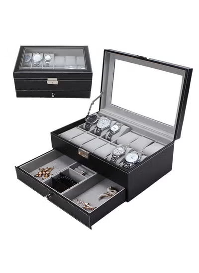 صندوق أنيق من الجلد الأسود لتنظيم الساعات والمجوهرات - 12 فتحة مع درج