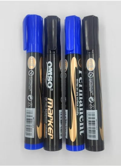 OMSONS Permanent Marker Pen Set - Black & Blue Ink (4 Pack) | Waterproof, Quick-Dry, Multi-Surface Use