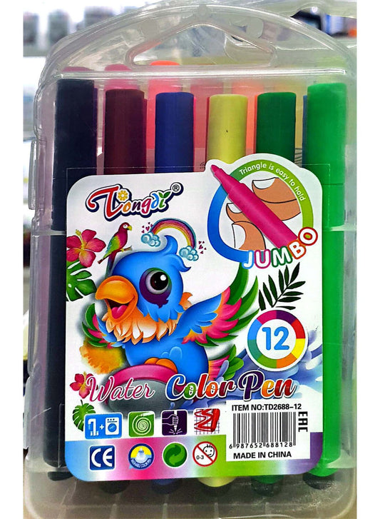 TONGDI Jumbo Water Color Pen Set 12 Bright Colors for Kids